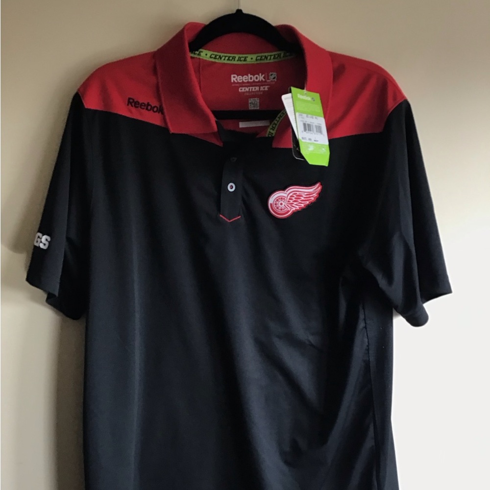 Reebok NHL Detroit Redwings Black and Red Athletic Polo Shirt NWT